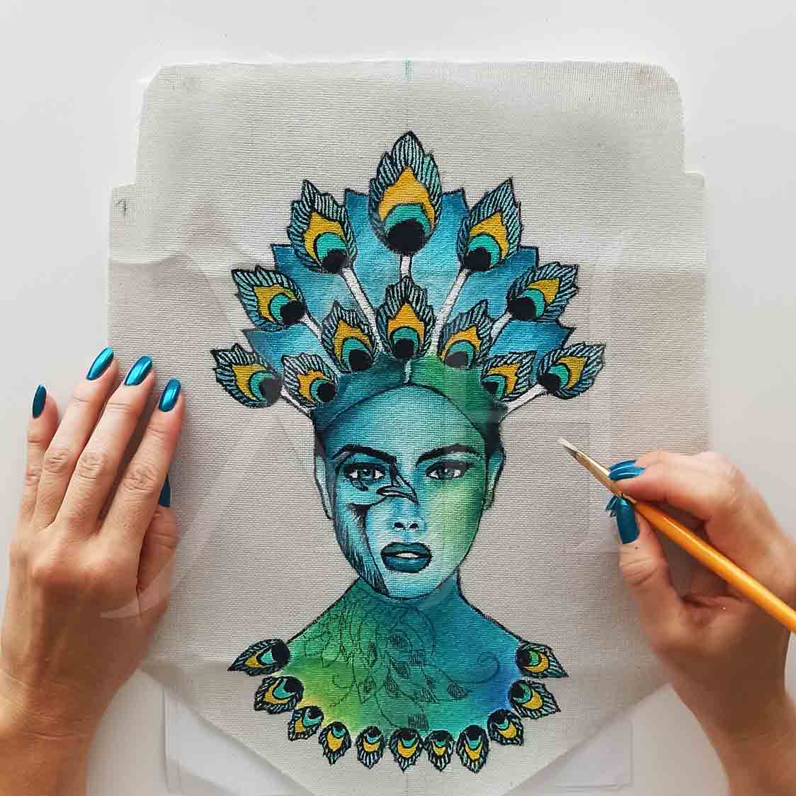 Bolso con flecos pintado a Mano – Pavo Real – Moda mujer