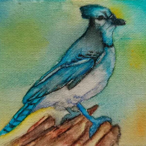 Mini Cuadro. Pájaro en Acuarela sobre lienzo (Original). Decoración oficina, hogar