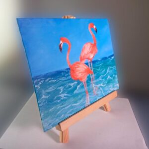 Mini pintura. Oleo sobre lienzo, Flamingos. Decoración para oficina, hogar, estudio (Original)