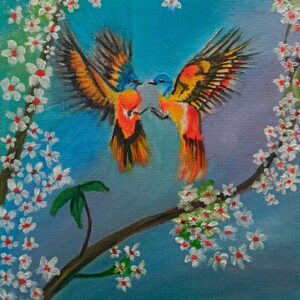 Mini pintura Oleo sobre lienzo, pájaros y flores (Original). Decoración de oficina, hogar, estudio