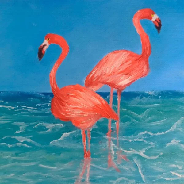 Mini pintura. Oleo sobre lienzo, Flamingos. Decoración para oficina, hogar, estudio (Original)