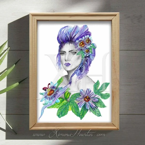 Cuadro moderno de Ilustración botánica passiflora.  Arte impreso para decoración en hogar, estudio, consultorio, oficina, comercio.