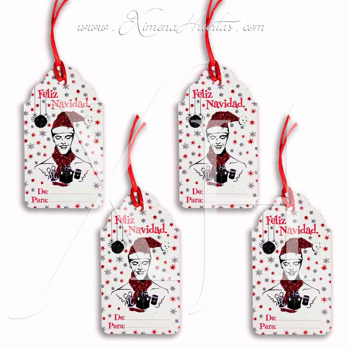 Tarjeta etiqueta navideña. Ilustración original de Hombre. Feliz Navidad. 4unidades