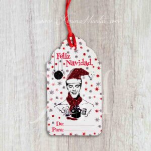 Tarjeta etiqueta navideña. Ilustración original de Hombre. Feliz Navidad. 4unidades