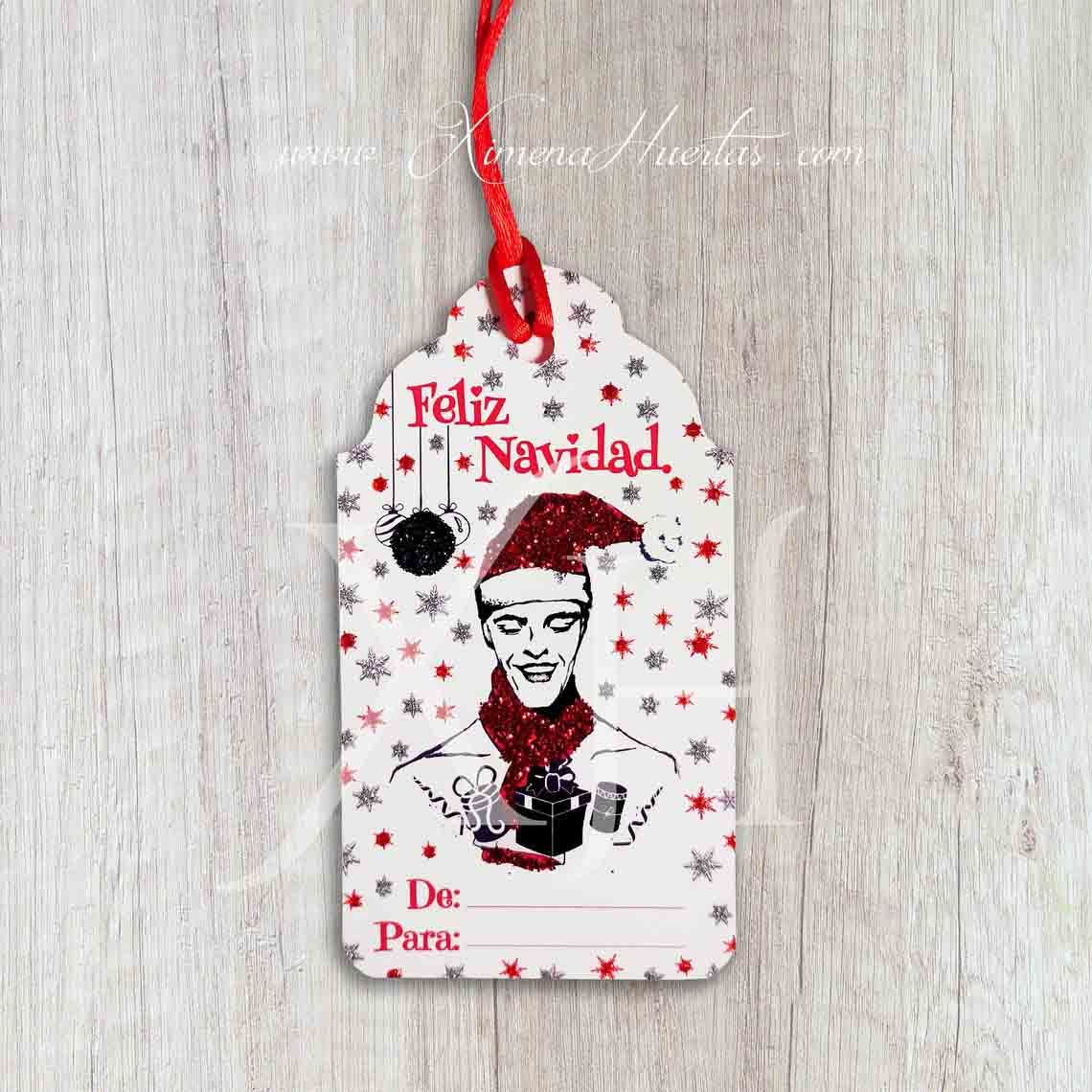 Tarjeta etiqueta navideña. Ilustración original de Hombre. Feliz Navidad. 4unidades