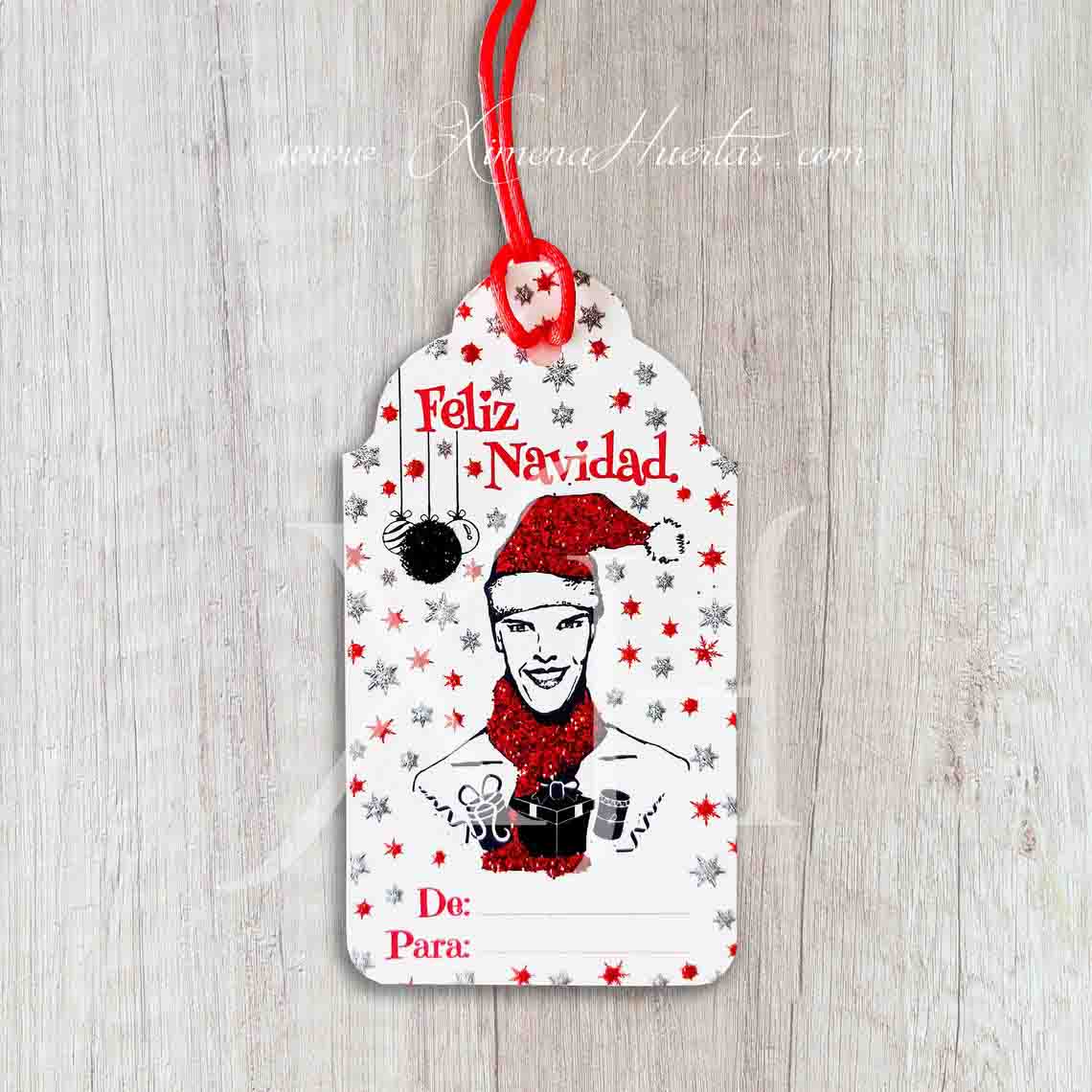 Tarjetas Etiquetas de Navidad. Ilustración Original Masculina. Feliz Navidad. 4unidades