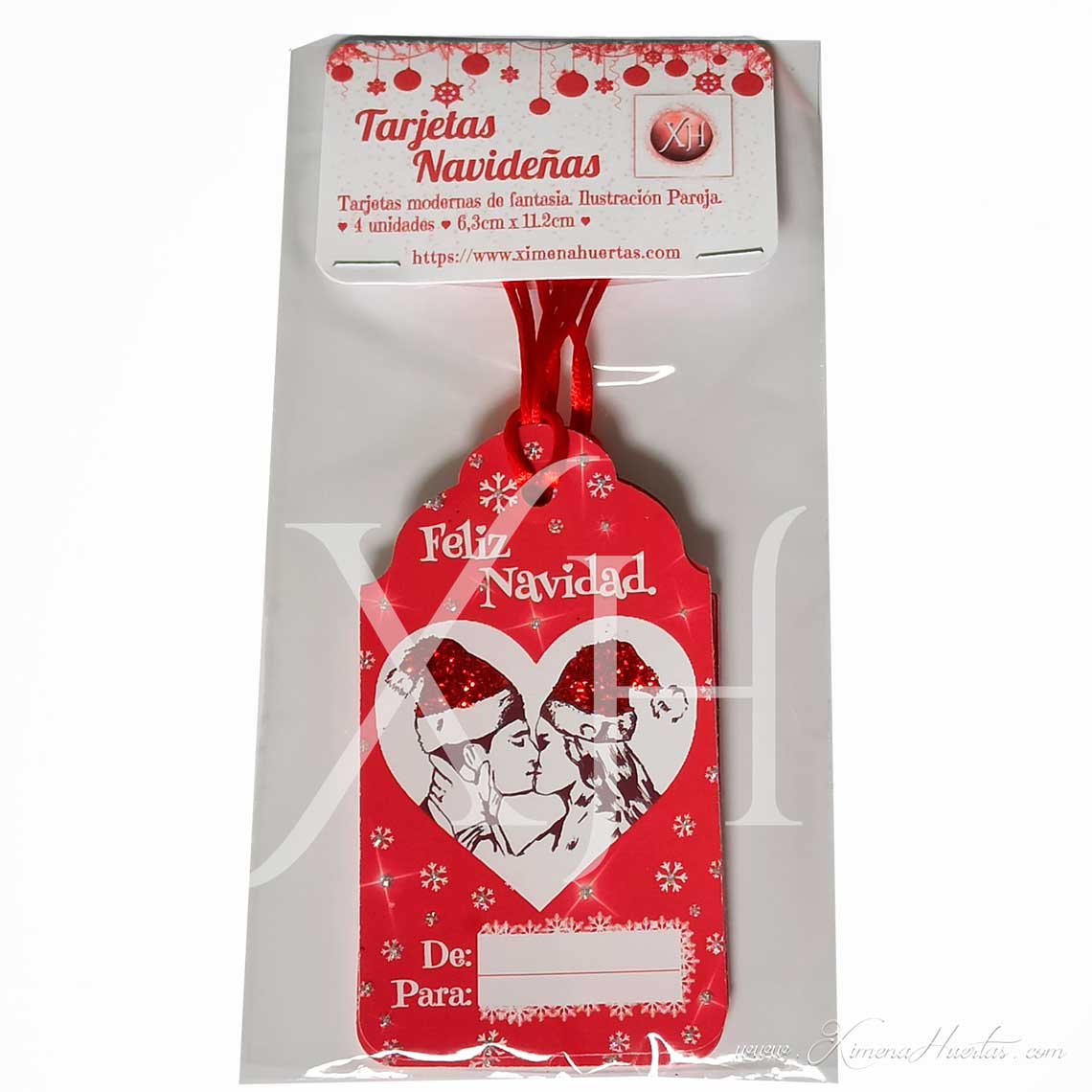 Tarjetas Etiquetas Navidad. Ilustración Original de pareja. Felices fiestas. 4unidades