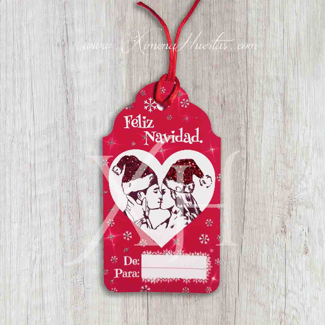 Tarjetas Etiquetas Navidad. Ilustración Original de pareja. Felices fiestas. 4unidades