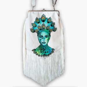 Bolso con flecos pintado a Mano – Pavo Real – Moda mujer
