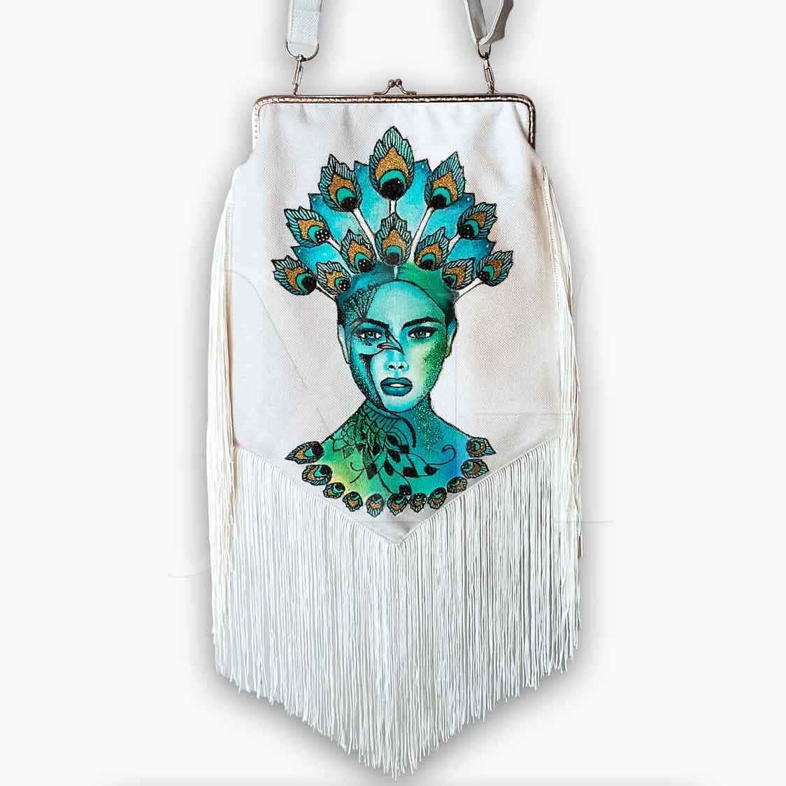 Bolso con flecos pintado a Mano – Pavo Real – Moda mujer